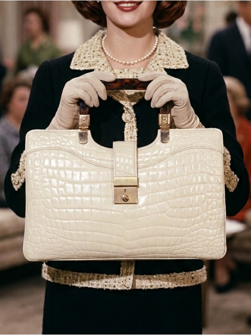 Vintage 50s 60s Off-White Croc Embossed Leather w/ Lucite Top Handle Purse